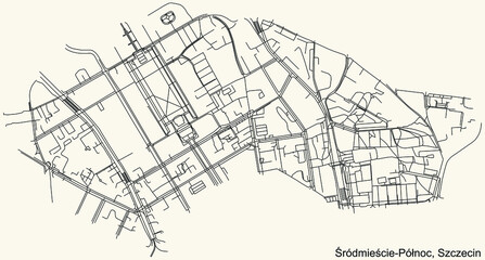 Fototapeta na wymiar Detailed navigation urban street roads map on vintage beige background of the quarter Śródmieście-Północ municipal neighborhood of the Polish regional capital city of Szczecin, Poland