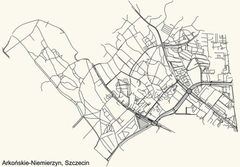 Detailed navigation urban street roads map on vintage beige background of the quarter Arkońskie-Niemierzyn municipal neighborhood of the Polish regional capital city of Szczecin, Poland