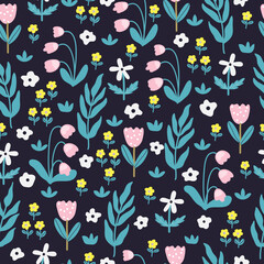 Seamless pattern with spring flowers and leaves. Hand drawn background. floral pattern for wallpaper, fabric and print.