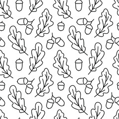 Autumn pattern with oak leaves and acorns. Seamless background with black doodles of plants. A template for a vector infinite ornament. Minimalistic contour drawing of a tree