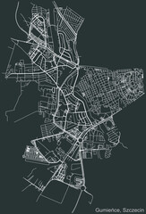 Detailed negative navigation urban street roads map on dark gray background of the quarter Gumieńce municipal neighborhood of the Polish regional capital city of Szczecin, Poland
