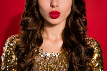 Cropped photo of young flirty pretty woman lipstick send air kiss glamour isolated on red color...