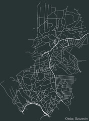 Detailed negative navigation urban street roads map on dark gray background of the quarter Osów municipal neighborhood of the Polish regional capital city of Szczecin, Poland