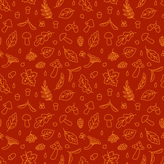 Seamless pattern with autumn doodles. Contour image of fallen leaves of maple, oak, linden, rowan, willow and acorns. Background with orange drawings for seasonal natural decor. Vector autumn decor