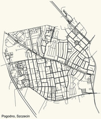 Detailed navigation urban street roads map on vintage beige background of the quarter Pogodno municipal neighborhood of the Polish regional capital city of Szczecin, Poland