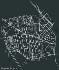 Detailed negative navigation urban street roads map on dark gray background of the quarter Pogodno municipal neighborhood of the Polish regional capital city of Szczecin, Poland