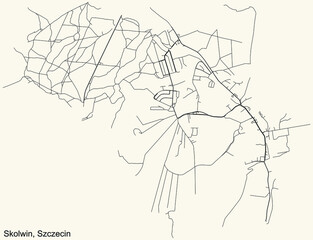 Detailed navigation urban street roads map on vintage beige background of the quarter Skolwin municipal neighborhood of the Polish regional capital city of Szczecin, Poland