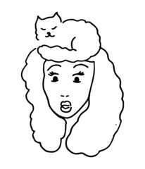 Woman And Pet Funny Portrait. Line Art. Trendy Print. Hand Drawn Quick Sketch.