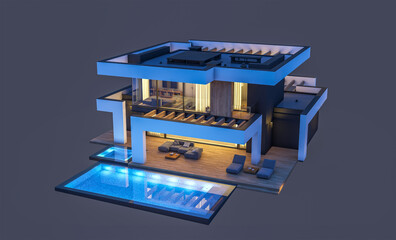 3d rendering of modern cozy house with pool and parking for sale or rent in luxurious style. In the night. Isolated on black.