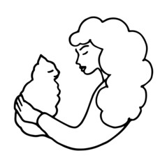 Girl And Cat Line Drawing. Woman And Pet Line Art. Hand Drawn Vector Illustration.