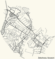 Detailed navigation urban street roads map on vintage beige background of the quarter Żelechowa municipal neighborhood of the Polish regional capital city of Szczecin, Poland