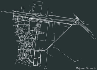 Detailed negative navigation urban street roads map on dark gray background of the quarter Majowe municipal neighborhood of the Polish regional capital city of Szczecin, Poland