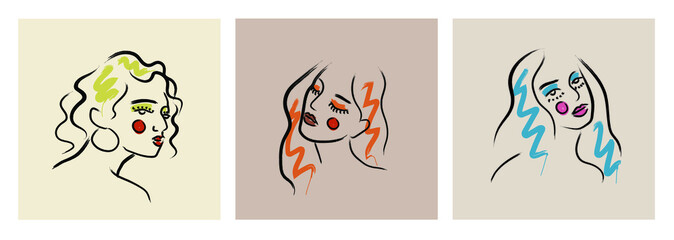 Obraz premium Trendy creative collage of one line continuous face of girls with colors abstract shapes. Minimalist woman. Contemporary set. Linear silhouette portrait.