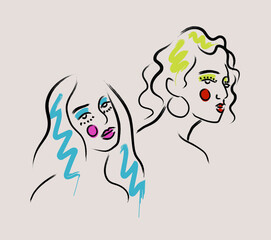 Trendy creative collage of one line continuous face of girls with colors abstract shapes. Minimalist woman. Contemporary set. Linear silhouette portrait.