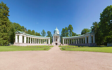 Panorama of the Temple-tomb of the Princes Yusupov,  also known as Colonnade in the Arkhangelsk Estate Museum on a sunny summer day. Moscow Region, Russia