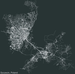 Detailed negative navigation urban street roads map on dark gray background of the Polish regional capital city of Szczecin, Poland