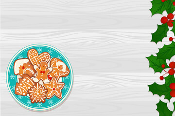 Fototapeta na wymiar Plate with gingerbread Christmas cookies on wooden table and mistletoe border. Top view vector illustration for new year and winter holiday design.
