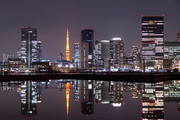The reflection of Tokyo nightscape on the surface of the water