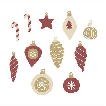 Vector illustration set of christmas balls with snowflake ornament. Hand drawn gold and red boubles isolated on white background