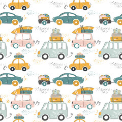 City cars in funny cartoon style roading to sea. Seamless pattern in the scandinavian style. Car travel and tourism. Vehicles with luggage and surfboards. Beach holidays. Summer vacation.