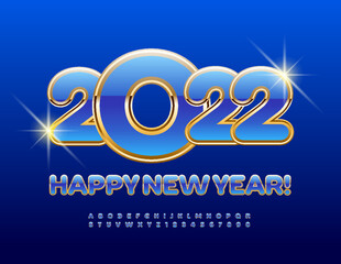 Fototapeta na wymiar Vector luxury Greeting Card Happy New Year 2022! Gold and Blue Alphabet Letters and Numbers set. Modern elite Font
