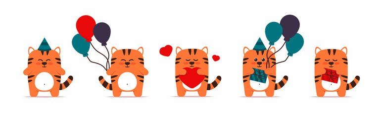 Cute little tigers cats in a flat style. Animal with balloons stand with a gift in a box and a cap with a heart. Happy birthday and holiday greetings. For banner, nursery decor. Vector illustration.