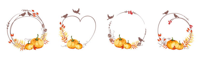 Autumn frames for Thanksgiving Day. Set vector design elements. Pumpkins, birds, yellowed leaves and red berries.	