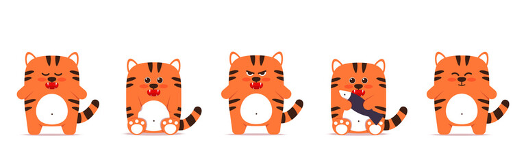 Set of cute little tigers cats in a flat style. Animal symbol for Chinese New Year 2022. An angry sullen orange tiger stands and sits with a fish. For a banner, childrens decor. Vector illustration.