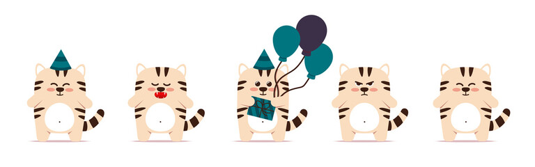 Set of cute little white tigers cats in a flat style. An animal with balloons is standing with a gift in a box and a cap. Happy birthday and holiday greetings. For nursery, decor. Vector illustration.
