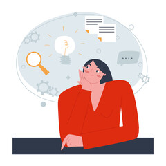 A woman with  white skin sits at her desk and thinks. A cloud of thoughts in search of ideas. Flat vector illustration.