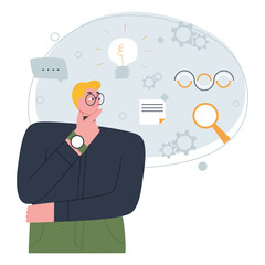 A young man's thoughts in search of a solution. Searching and setting thoughts. A man standing and thinking about a project. Flat vector illustration.
