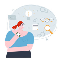 Girl's thought search for a solution. Finding and tuning thoughts. Girl standing and thinking about a project. Flat vector illustration.