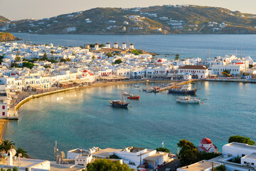 Fototapeta na wymiar Mykonos island port with boats, Cyclades islands, Greece