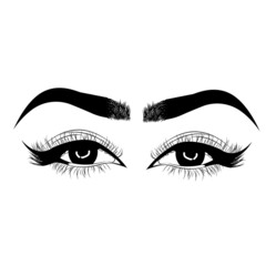 Sleek fashion illustration of the eye with luxe makeup and natural eyebrow. Hand-drawn vector idea for business visit cards, templates, web, salon banners, brochures. Microblading visit card
