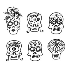 Collection of vector linear illustrations of decorated skulls of different types on white background for Halloween celebration concept designs