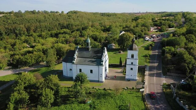 Old Elias church in Subotiv, Cherkasy region. Aerial orbiting view