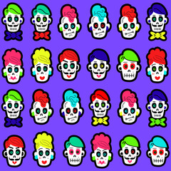 Seamless pattern with bright colorful funny skulls. Background for Halloween and the Day of the Dead. a pattern with sugar skulls. Vector illustration