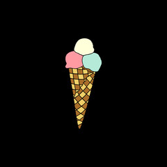 Vector illustration with ice cream in a waffle glass on a black background.
