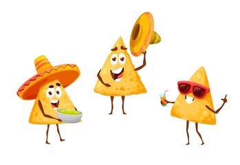 Mexican nachos chips on leisure fiesta in sombreros, vector Mexico cartoon food characters. Nachos chips on summer vacations in sombreros with guacamole, drinking cocktail, traditional Mexican party - obrazy, fototapety, plakaty