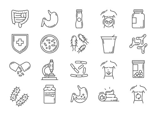 Probiotic, lactobacillus and prebiotic bacteria icons. Intestines health care, digestion problems treat and immunity microflora, probiotic capsules, yogurt and bacteria thin line vector icons set