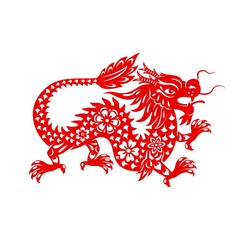 Chinese lunar new year dragon, zodiac sign and vector oriental holidays symbol. Red dragon in paper cut art for Chinese New Year festival, greeting card or lunar horoscope calendar