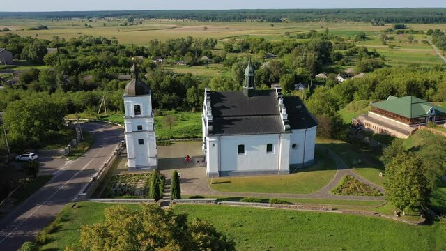 Old Elias church in Subotiv, Cherkasy region. Aerial orbiting view