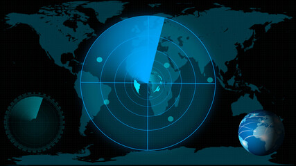 Radar HUD Screen Animation 4K.  Technology interface HUD rotating on dark virtual screen with animated interface.