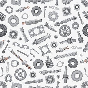 Mechanical spare parts seamless pattern and machinery gears, vector background. Bushings and bearings, levers, springs. Parts and tools, lever and cog wheel, metal shafts and gaskets