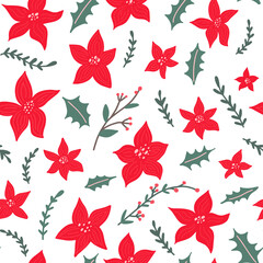 Cute Christmas and New Year seamless pattern with Poinsettia - Christmas star flower. Festive floral winter background