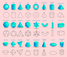 Set of realistic 3D blue geometric shapes isolated on pink background. Mathematics of geometric shapes, linear objects, contours. Platonic solid. Icons, logos for education, business, design - obrazy, fototapety, plakaty