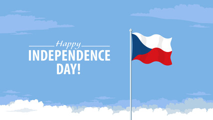Detailed flat vector illustration of a flying flag of Czech Republic in front of a cloudy sky background. Happy Independence Day.