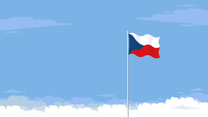 Detailed flat vector illustration of a flying flag of Czech Republic in front of a cloudy sky background. Room for text.
