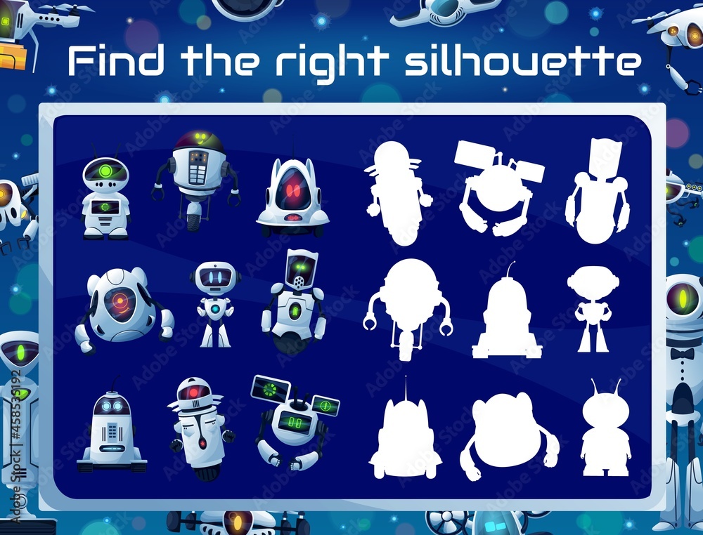 Leinwandbilder kids game with robot silhouettes, shadow matching puzzle, memory riddle or attention test. education