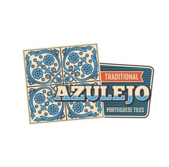 Azulejo tile icon with vector pattern of Portuguese and Spanish arabesque ornaments. Lisbon or Portugal mosaic with floral pattern of blue flowers and leaf scrolls, ceramic floor and wall tiles symbol